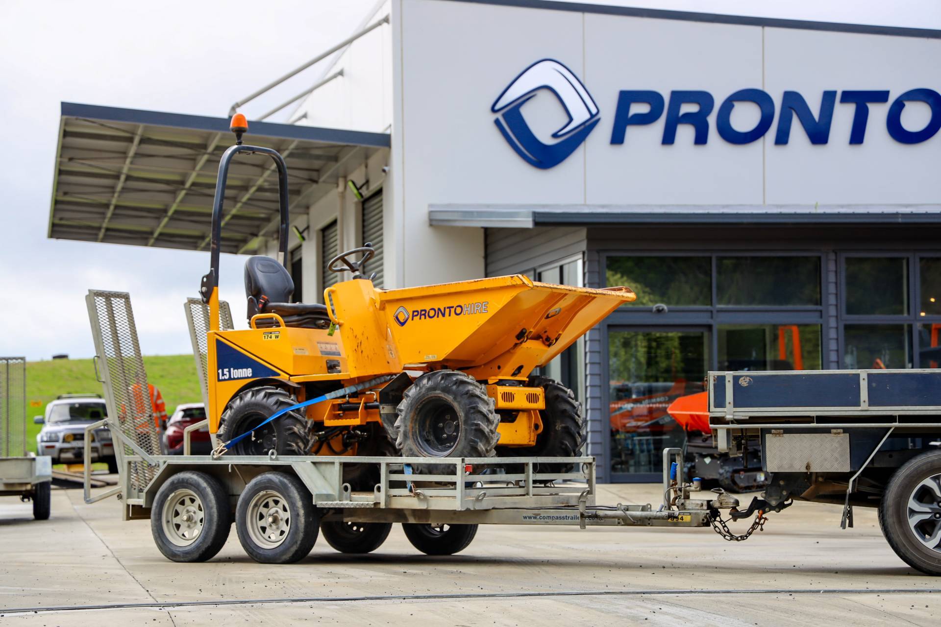 Thwaites 1.5 Ton Site Dumper for hire from Pronto hire Auckland on a trailer at our Warkworth Branch