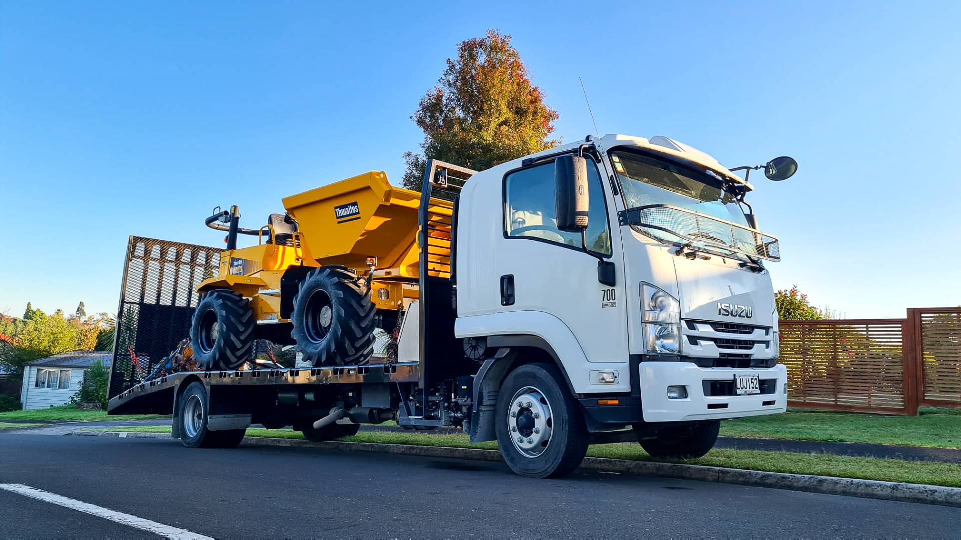 Thwaites 6 Ton Site Dumper Swivel Tip for hire from Pronto Hire Auckland on delivery truck